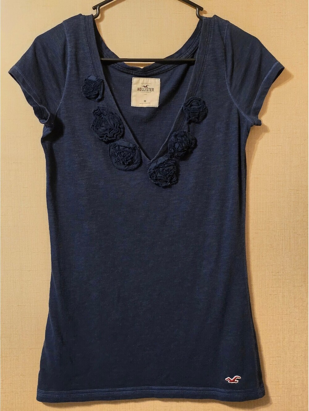 Vintage Hollister Coquette Rosette V-Neck Top Navy Size M Y2K Elena Gilbert